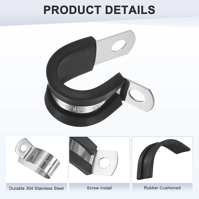 12-Pack Cable Clamps, 5/8 Inch/ 16 mm 304 Stainless Steel Rubber Cushioned Insulated Cable Clamp R Shape Metal Holder for Tube/Wire/Pipe/Loop Installation