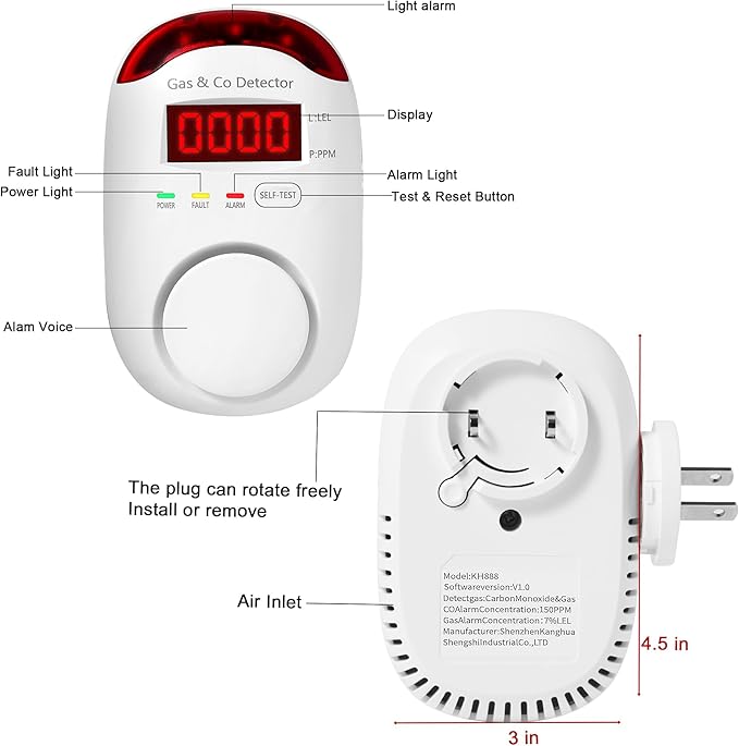 Combination Gas & Carbon Monoxide Detectors - Koabbit Plug in Carbon Monoxide Detector,Propane, Natural,Methane, Explosive Gas Detector Alarm & CO Detector Alarm for Home,Easy to Read