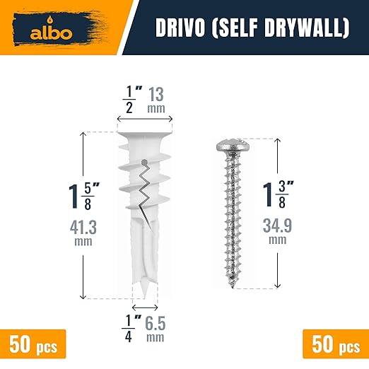 ALBO #8-100 pcs Self Drilling Drywall Anchor Set Hollow Wall with Screws (White Anchor 50pcs + Screws 50pcs) Plastic E-Z Ancor Kit