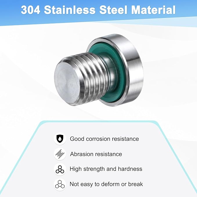 2-Pack Inner Hex Head Pipe Fitting Plug, M12x1.5mm 304 Stainless Steel Socket Bung Plug with Fluorine Sealing Ring for Terminate Pipe Ends/Replacement Drains