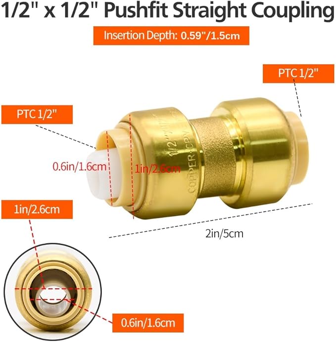 6 Pack Push-to-Connect Plumbing Fittings, 1/2" Pushfit Straight Fittings with Disconnect Clip for Copper, PEX, CPVC Pipe