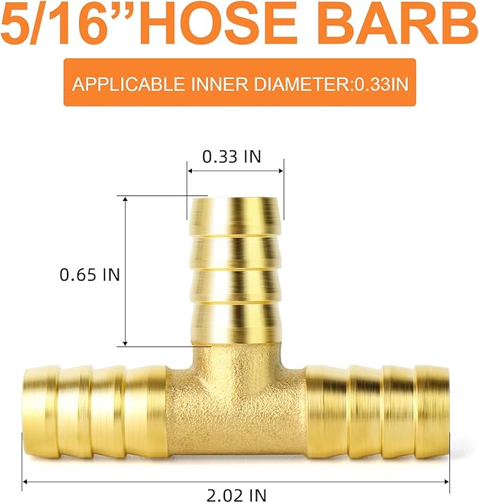 GASHER 20 Pieces Brass Hose Barb Tee, 3-Way Tee Hose Fitting (5/16" x 5/16" x 5/16" Hose Barb)