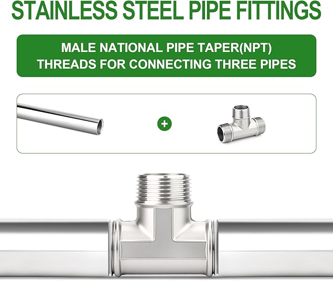 TAISHER 2PCS 304 Stainless Steel Tee Pipe Fittings, 1/2" x 1/2" x 1/2" NPT Male Pipe Fittings