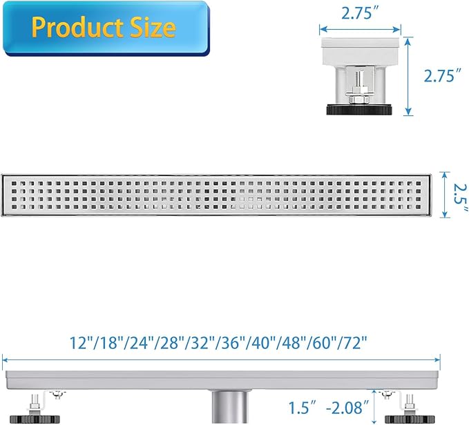 Linear Shower Drain, Shower Drain 40 inch with Removable Grate Cover, Professional AISI 304 Stainless Steel Shower Floor Drain, Linear Drain with Hair Catcher and Leveling Feet
