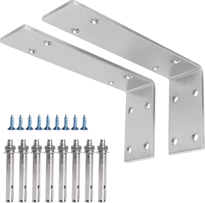 YUMORE Shelf Bracket 8 inch, Heavy Duty (1/5") Thick Solid L Brackets, Max Load: 230lbs, Stainless Steel Countertop Bar Top Support Brackets Wall Mounted, Includes Hardware, 2 Pack