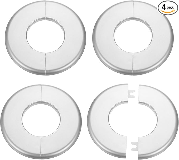 HARFINGTON 4pcs Wall Split Flange 51mm/2" Self-Adhesive Plumbing Cover Plates ABS Plastic Round Escutcheon Plate Buckle Design for Water Pipe Bathroom Kitchen Decoration, Silver Tone