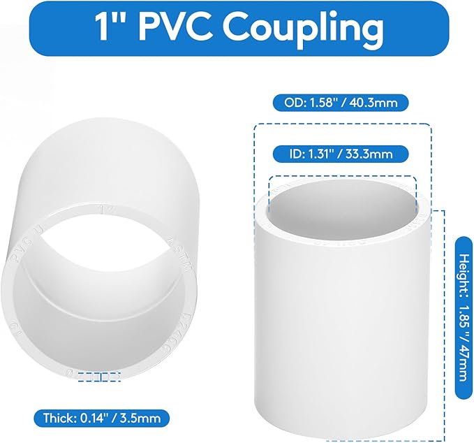 9 pcs 1" PVC Coupling Pipe Fittings (Socket x Socket) Schedule 40 PVC Fittings used For Plumbing and Irrigation