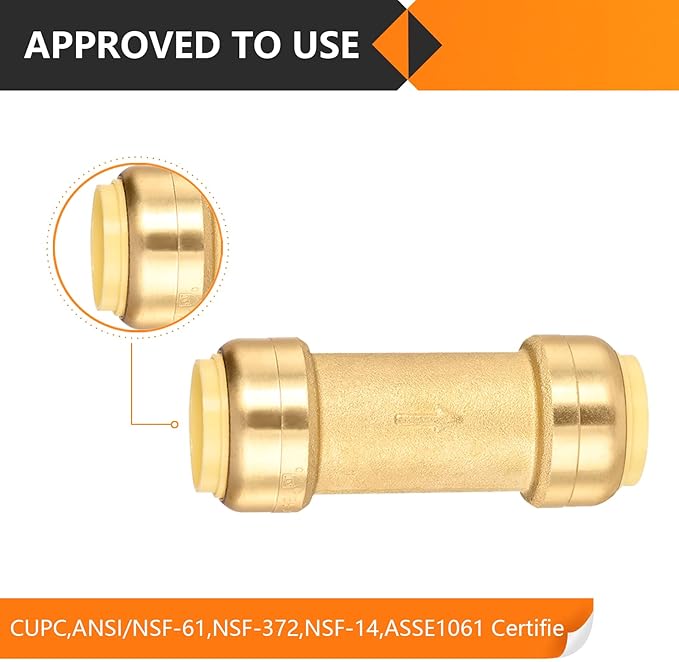 20-Pack HeSun Pushfit Check Valve, 1/2-Inch Push to Connect Plumbing Fittings with Disconnect Clip, Brass Push-fit Fittings for PEX, Copper, CPVC, PE-RT Pipes(PF-VALVE060-20)