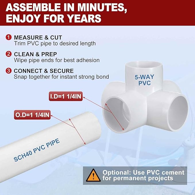 2Pcs 1 1/4" Elbow PVC Fitting, SCH40 5-Way Cross Furniture Grade PVC Pipe Fitting, DIY Corner Elbow Connector for Building Furniture, Greenhouse Frame Connection, Socket x Socket