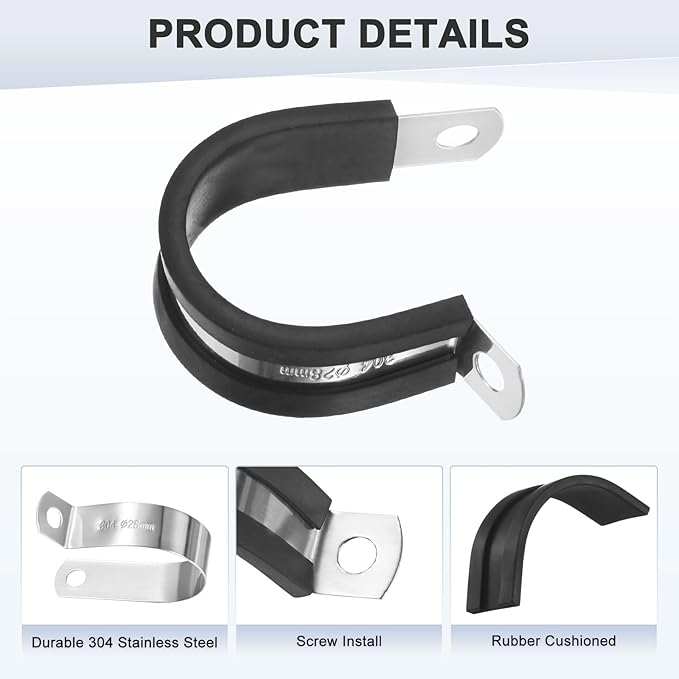 20-Pack Cable Clamps, 1-3/32 Inch/ 28 mm 304 Stainless Steel Rubber Cushioned Insulated Cable Clamp R Shape Metal Holder for Tube/Wire/Pipe/Loop Installation