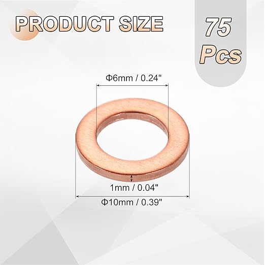 uxcell 75Pcs M6 Flat Washer Copper Washer Sealing Rings, 6mm ID 10mm OD 1mm Thickness Copper Crush Washers Metric Sealing Gasket for Plumbing Machinery Automotive
