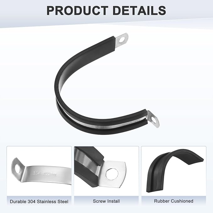 6-Pack Cable Clamps, 2-3/16 Inch/ 55 mm 304 Stainless Steel Rubber Cushioned Insulated Cable Clamp R Shape Metal Holder for Tube/Wire/Pipe/Loop Installation