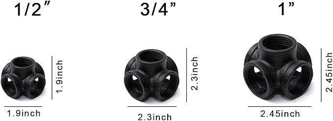 1" Black 5-Way Side Outlet Tee, Home TZH 4-Pack 5-Way Corner Black Malleable Cast Iron Pipe Fitting for Industrial Pipe, Furniture and DIY Decoration (4, Black 1 Inch)