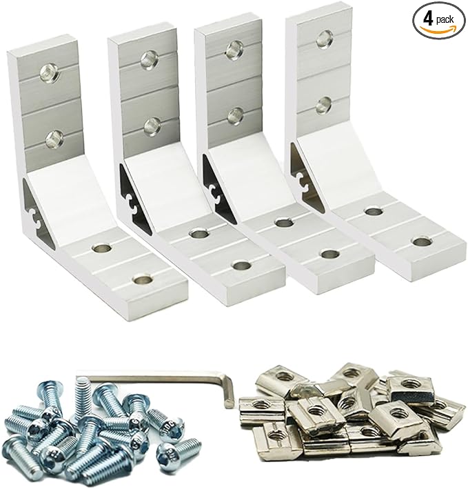 Iverntech 4 pcs Black Corner Bracket for 3030 Aluminum Extrusion Profile, 4 Hole Inside Strong Support Corner Brackets Gusset with 16Pcs M6 Screws + 16Pcs M6 T Nuts