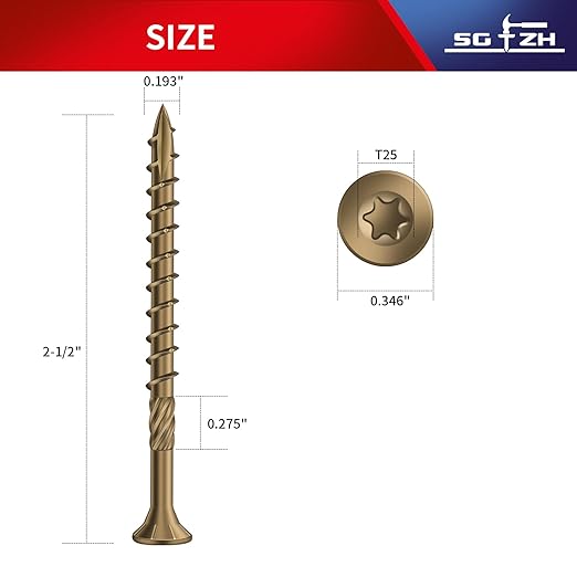 #10 x 2-1/2" Deck Screws (71Pcs) 1lb. Carbon Steel, Yellow, Flat Head, Rust Resistant epoxy Coated, with T25 Star Bit