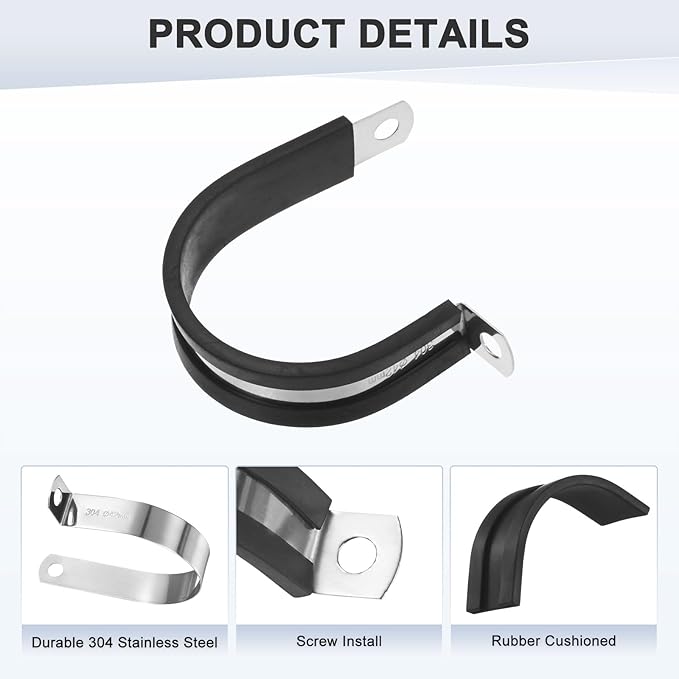 6-Pack Cable Clamps, 1-5/8 Inch/ 42 mm 304 Stainless Steel Rubber Cushioned Insulated Cable Clamp R Shape Metal Holder for Tube/Wire/Pipe/Loop Installation