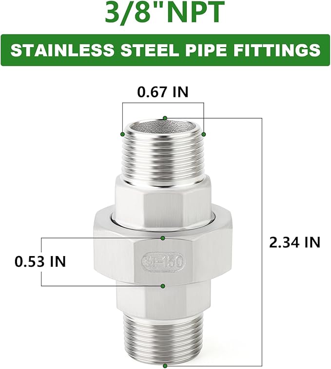 TAISHER 5PCS 304 Stainless Steel Union，3/8" NPT Male x 3/8" NPT Male Cast Pipe Fitting