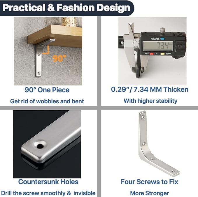 SAYAYO Heavy Duty Floating Shelf Bracket 4 Inch x 4 Inch, Stainless Steel Wall Shelf Brackets & Supports Brushed Nickel L Bracket, Angle Brackets Corner Brace for Wood, 4Pcs