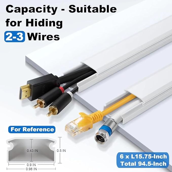 ZhiYo 94.5in Cord Cover Wall Kit, Cord Hider Wire Covers for Cords Wall Mounted TV, Paintable Wire Hiders, TV Cable Hider Cord Concealer, 6 x L15.7in W0.98 H0.5in, White