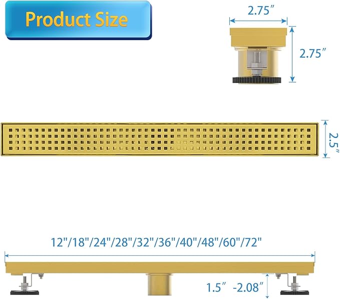 Linear Shower Drain, 32 inch Gold Drain with Removable Grate Cover, Brushed 304 Stainless Steel Shower Floor Drain, Linear Drain with Hair Strainer and Adjustable Feet