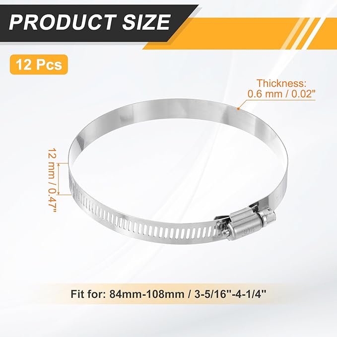 HARFINGTON 12 Pcs Hose Clamp 3-5/16"-4-1/4" (84-108mm) 304 Stainless Steel Adjustable Worm Gear Hose Clamp Assortment Kit for Fuel Line Pipe Plumbing Automotive Tube Mechanical