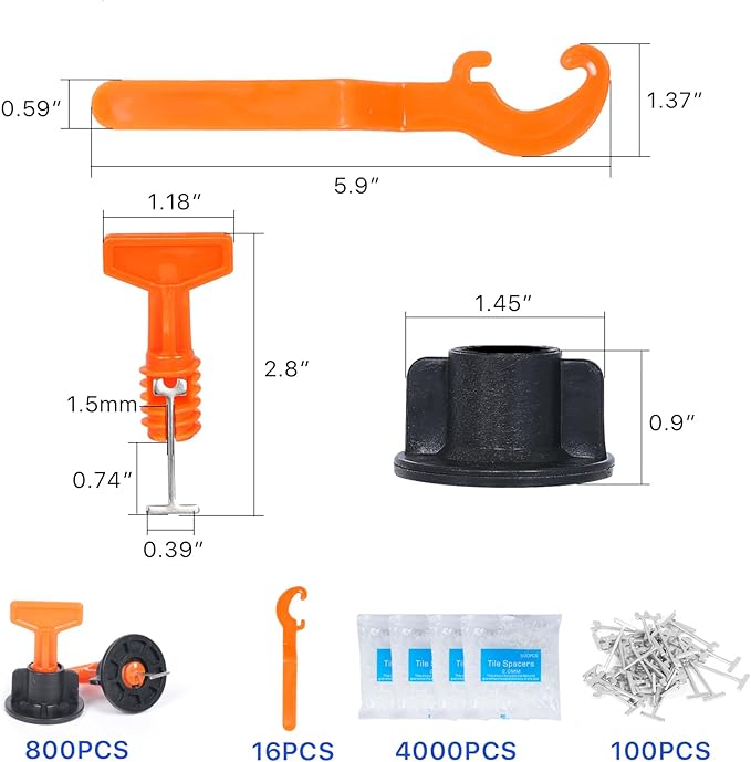 Reusable 1/16" Tile Leveling System Kit (800pcs) w/ 4000 1/8" Cross Spacers + 16 Wrenches & 100 Steel Pins - Professional Floor Installation Tools(800, 1/8)