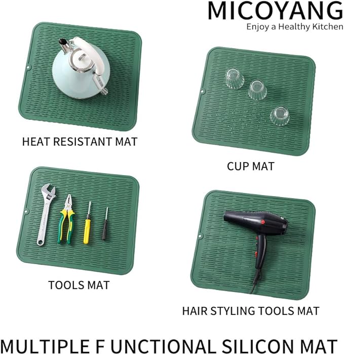Silicone Dish Drying Mat for Multiple Usage,Easy clean,Eco-friendly,Heat-resistant Silicone Mat for Kitchen Counter or Sink,Refrigerator or Drawer Liner Green XL 18 inches x 16 inches