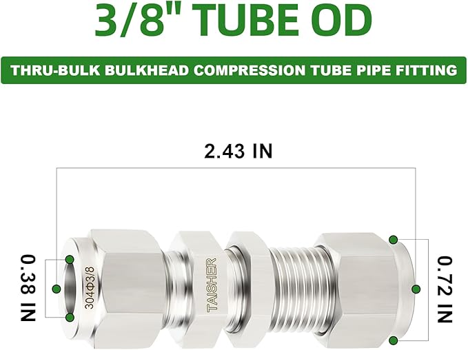 TAISHER 1PCS 304 Stainless Steel Thru-Bulk Bulkhead Compression Tube Pipe Fitting Connector, 3/8" Tube OD x 3/8" Tube OD Straight Adapter