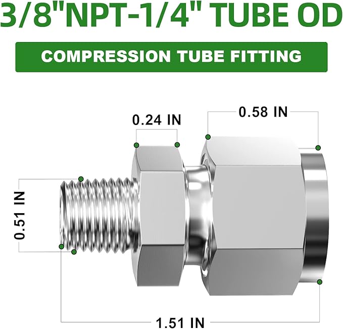 TAISHER 2PCS 304 Stainless Steel Compression Tube Pipe Fitting Connector, 3/8" Tube OD x 1/4" NPT Male Straight Adapter