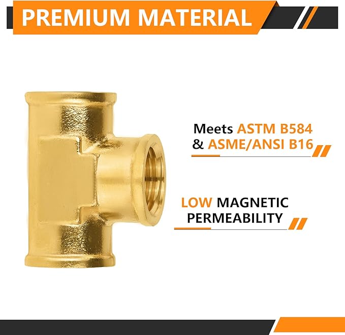 5-PCs HeSun Brass Pipe Fitting, 1/2" x 1/2" x 1/2" NPT Female Thread Tee