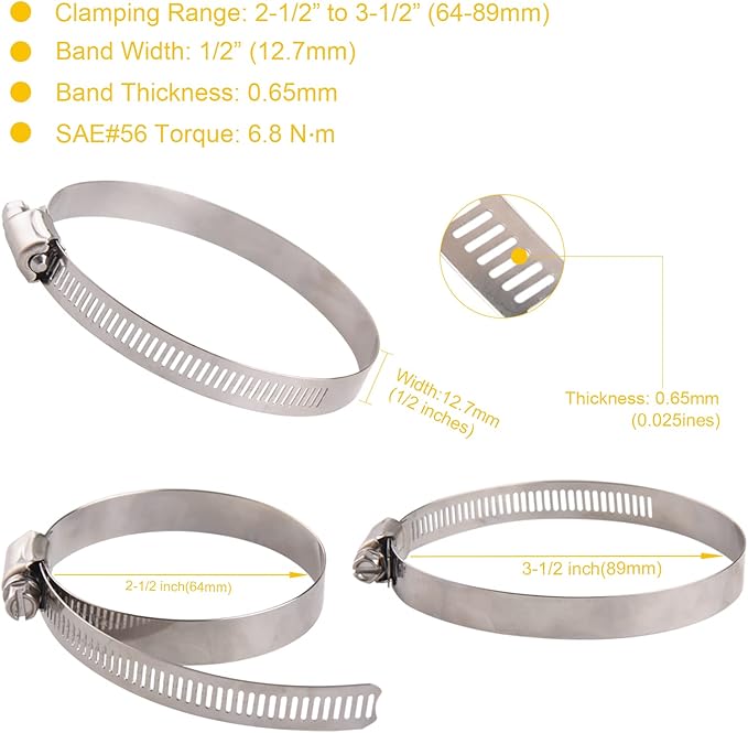 Winlong 3'' Stainless Steel Hose Clamps, 10PK SAE 48 Worm Gear Drive Hose Clamps Clamping Range 2 1/2 to 3 1/2 Inch (64-89mm) for Automotive Plumbing, 2 3/4'', 3 1/4'' clamps