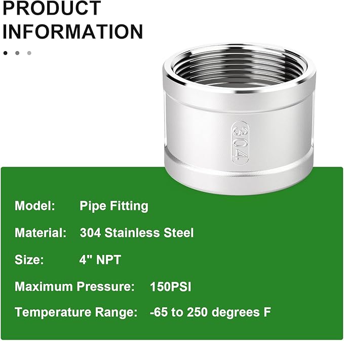 TAISHER 1PCS 304 Stainless Steel Cast Pipe Fitting, Coupling, 4" NPT Female Threaded