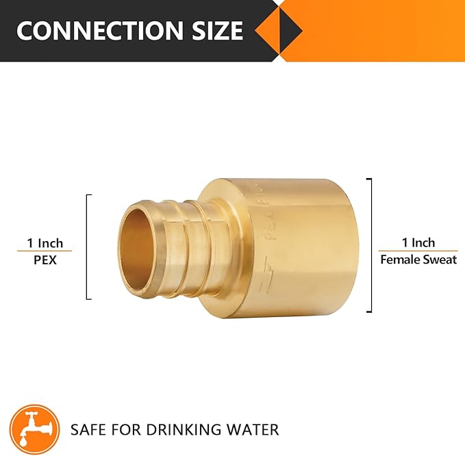 200-Pack HeSun PEX Fittings, 1" PEX x 1" Female Sweat Adapter (Over Copper Tube), Brass Crimp Fitting for ASTM F1807(PEX1807137-200)