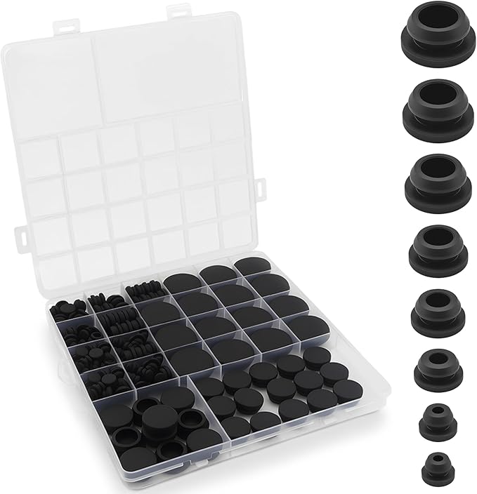 145 PCS Black Rubber Plugs, 8 Sizes of Round Hole Rubber Plugs, Round Hole Silicone Plug Snap Locks, Suitable for Automobiles and Furniture.