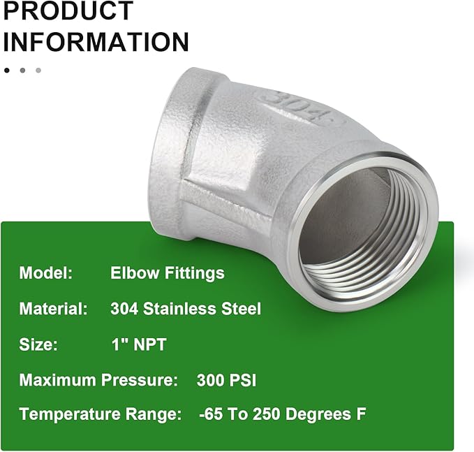 TAISHER 2PCS 304 Stainless Steel 45 Degree elbow,1 Inch NPT Female Pipe to 1 Inch NPT Female 304 Stainless Pipe Fitting