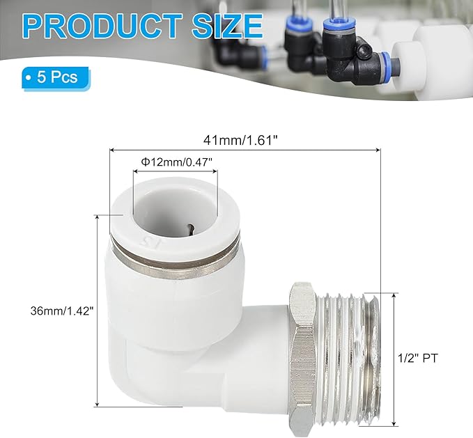 PATIKIL Push to Connect Fitting, 2 Pack Pneumatic Air Elbow Quick Connector 1/2"PT Male Thread x 12mm Tube 90 Degree Connect Tubing Elbow Air Tube Fitting Pneumatic Quick Adapter, White
