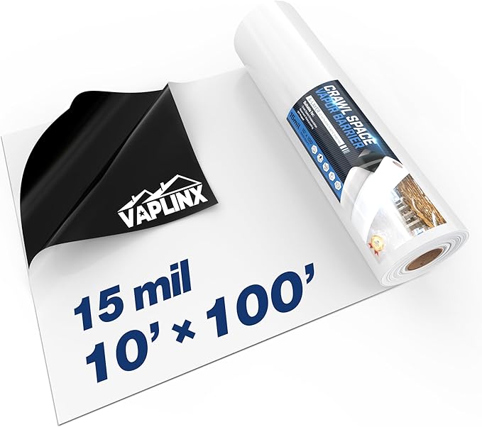 Crawl Space Vapor Barrier - 15 Mil Vapor Barrier - (10' x 100'), Tear Resistant, Heavy Duty Vapor Barrier Plastic, Drop Cloth Moisture Barrier Plastic Sheeting Covering for Crawlspace Encapsulation