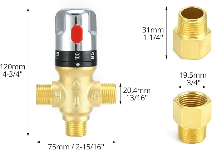 QWORK Thermostatic Mixing Valve, 2 Pack Solid Brass Pipe Water Valve with Temperature Control - 1/2 NPT Male Connections - Includes 3 Adapters, Suitable for Wash Basins, Showers, Kitchens