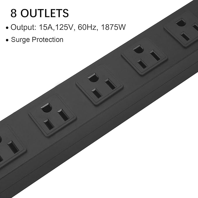 Metal 8 Outlet Mountable Power Strip, Wall Mount Outlet Heavy Duty, Wide Spaced Commercial Shop Power Strip with Switch, 3 FT SJT 14AWG Power Cord.(3FT)