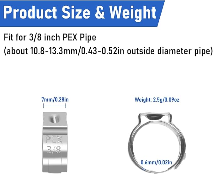 Kodilin 70-Pack 3/8 Pex Crimp Rings, Heavy-Duty 304 Stainless Steel Single Ear Pex Clamps Wider & Thicker Pex Cinch Clamps for Superior Grip & 360° Seal, Fits PEX Tubing Pipe Fitting Connections