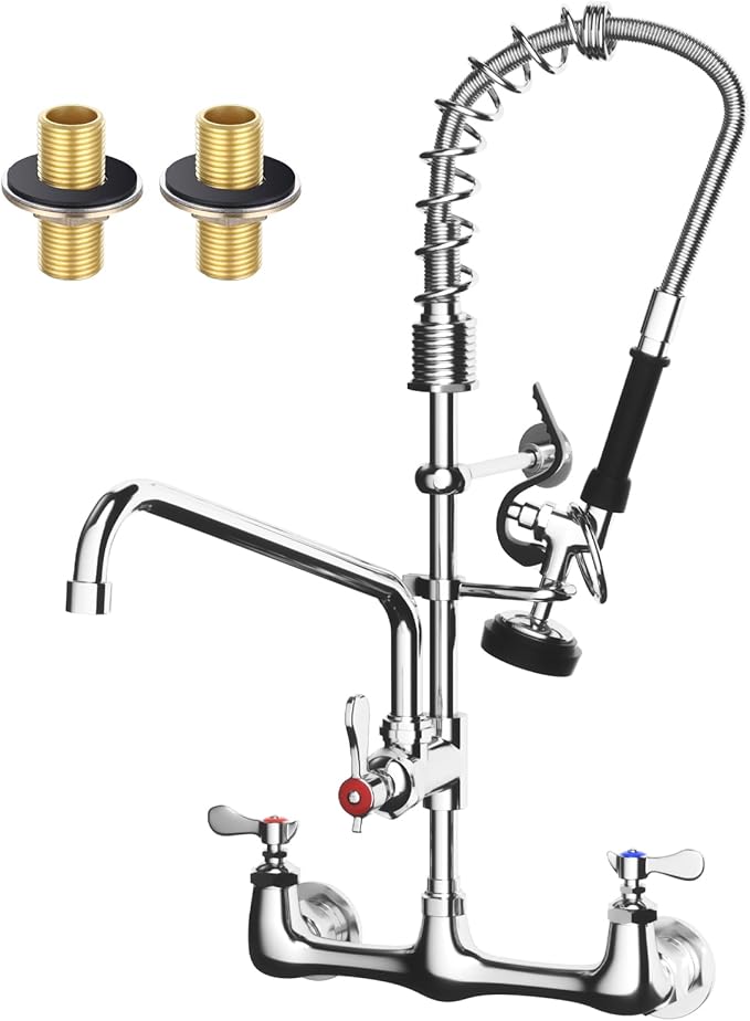 Commercial Sink Faucet,TOLSUNY Commercial Kitchen Faucet Wall Mount with Pre Rinse Sprayer,Wall Mounted Kitchen Sink Faucet for Industrial and Restaurant Sinks. (Classic, 25)