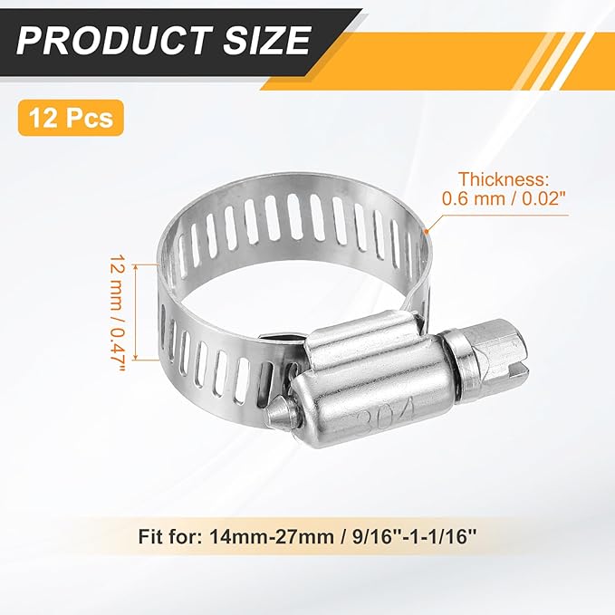 HARFINGTON 12 Pcs Hose Clamp 9/16"-1-1/16" (14-27mm) 304 Stainless Steel Adjustable Worm Gear Hose Clamp Assortment Kit for Fuel Line Pipe Plumbing Automotive Tube Mechanical