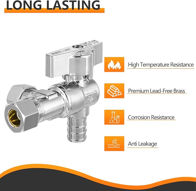 10-PCs HeSun Barb Crimp Inlet Angle Stop Valve, Quarter-Turn 1/2" PEX-B x 3/8" OD x 3/8" OD Compression, Dual Compression Outlet Shut Off Valve, PEX Chrome Plated Brass, ASTM F1807(VALVE200-10)