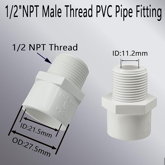 10Pcs 1/2 inch NPT Male Thread PVC Pipe Fitting Adapter Connector(Socket x NPT Male), Pipe Connectors, 1/2 inch Pipe Fitting, Pipe Coupling for Plumbing Water Line, Schedule 40, White