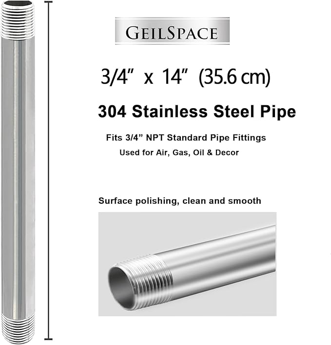 GeilSpace 3/4" x 14" Stainless Steel Pipe, 304 Pipe Nipple Fits Standard 3/4 Inch Threaded Pipes and Fittings, DIY Industrial Metal tube (2 PCS)