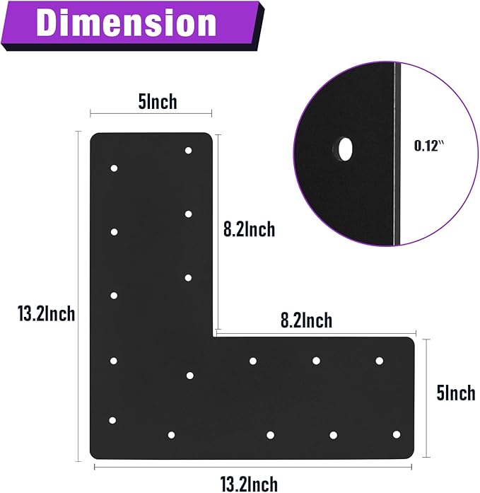 2 Pcs 13.2"x 5"L Shape Flat Bracket, Mending Plate with Black Powder-Coated Right Angle Brackets, Corner Bracket, L Shape Plate Fit 6x6,8x8 for Repair House,Furniture,Pavilion,Truss framing
