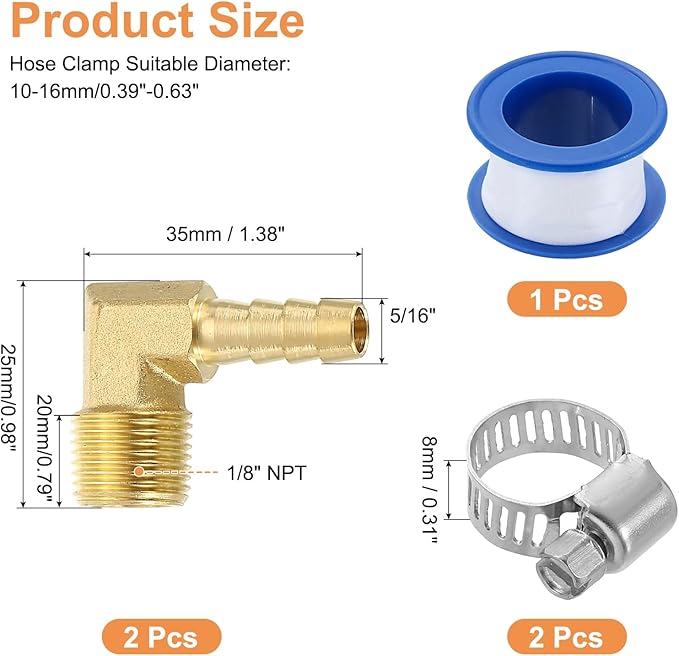 uxcell 2Pcs Brass Hose Barb Fittings, 5/16" x 3/8" NPT 90 Degree Elbow Hose Connector with Hose Clamps for Water Fuel Gas Oil Transportation