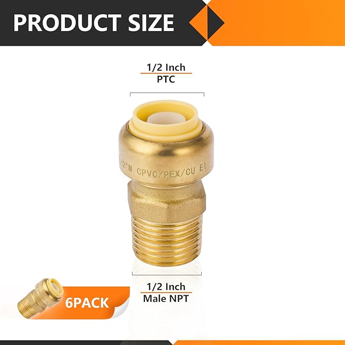 6-Pack HeSun Pushfit Male Adapter, 1/2" MNPT x 1/2" Push to Connect Plumbing Fittings with Disconnect Clip, Brass Push-fit Fittings for PEX, Copper, CPVC, PE-RT Pipes(PF021-6)