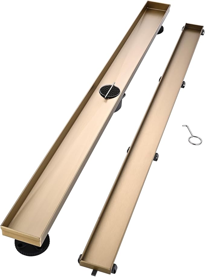 Linear Shower Floor Drain, Brushed Gold 42 Inch 304 Stainless Steel Bathroom Drains Kit, Rectangular Shower Trench Drain with Reversable Tile-in Pattern Drain Cover & Hair Catcher