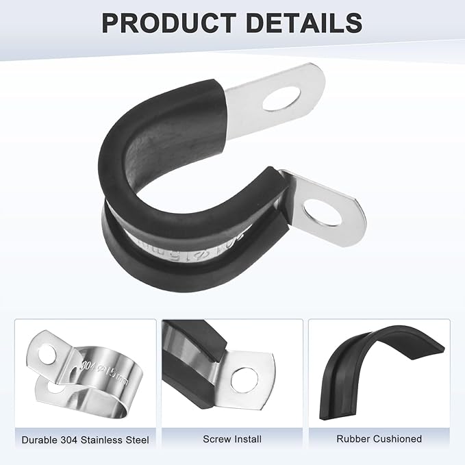 12-Pack Cable Clamps, 19/32 Inch/ 15 mm 304 Stainless Steel Rubber Cushioned Insulated Cable Clamp R Shape Metal Holder for Tube/Wire/Pipe/Loop Installation